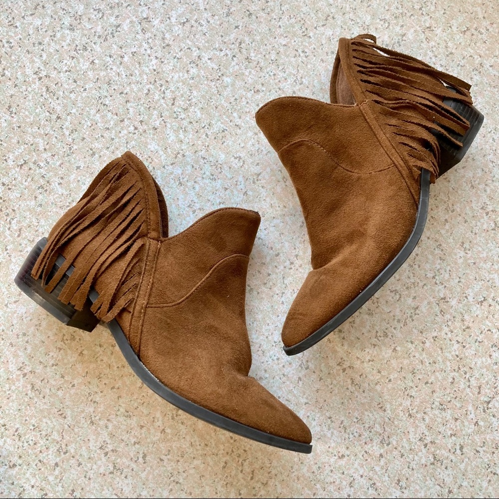 JustFab Brown Suede Fringe Trim Boho Ankle Booties